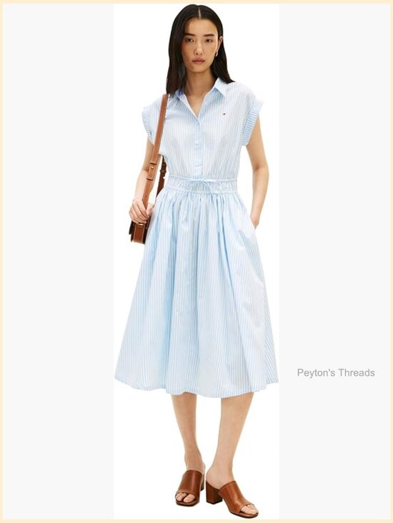 Dresses & Skirts - Sleeveless Cotton Striped Midi Dress with Elastic Waist